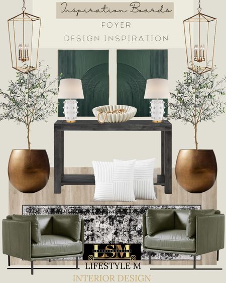 Foyer design inspiration. Recreate the look at home. Green accent chairs, foyer runner, brass planters, faux fake tree, wall art, wood floor tile, black console table, throw pillow, decorative bowl, table lamp, brass foyer pendant light. 

#LTKFind #LTKhome #LTKstyletip