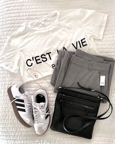 Elevated casual outfit! C’est la vie tee, wide leg trousers, adidas VL Court sneakers (the Samba sneakers would look great too), black crossbody, pearls and topaz earrings

#LTKStyleTip #LTKFindsUnder100 #LTKShoeCrush