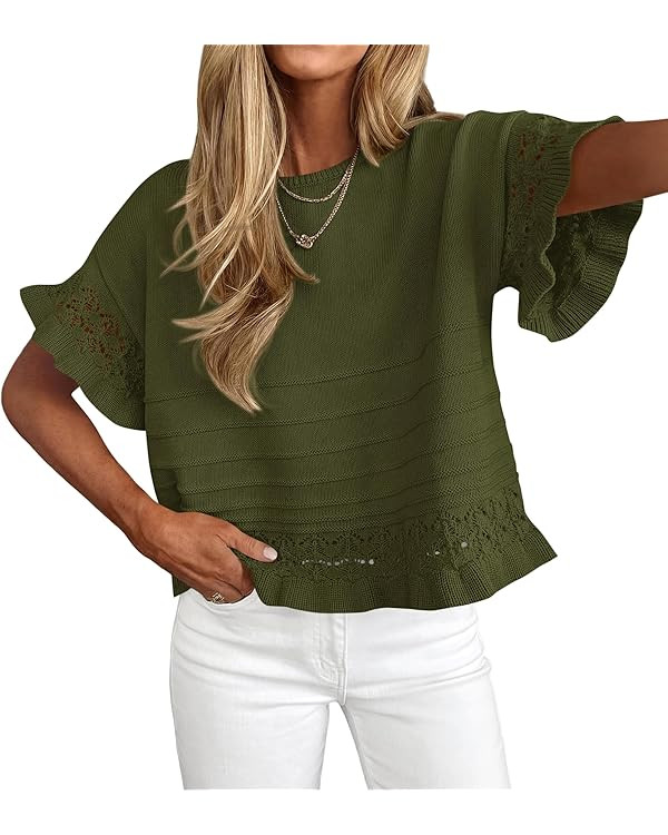 KIRUNDO Short Sleeve Sweater for Women 2026 Spring Summer Tops Crochet Round Neck Ruffled Hem Kni... | Amazon (US)