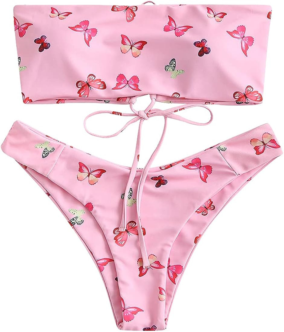 ZAFUL Women's Ribbed Bikini High Cut Bikini Smocked Swimwear Printed High Leg Bikini Swimsuit | Amazon (US)