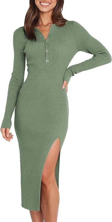 Prinbara Women Sweater Dress Long Sleeve Button V Neck Casual Slim Fit 2023 Fall Midi Bodycon Dre... | Amazon (US)
