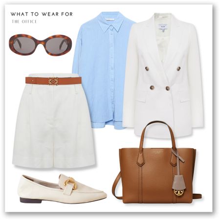 Office outfit inspo 

Blue shirt, white linen shorts, blazer, reiss, tan tote bag, white loafers, Loewe belt, Celine sunglasses 

#LTKstyletip #LTKSeasonal #LTKworkwear