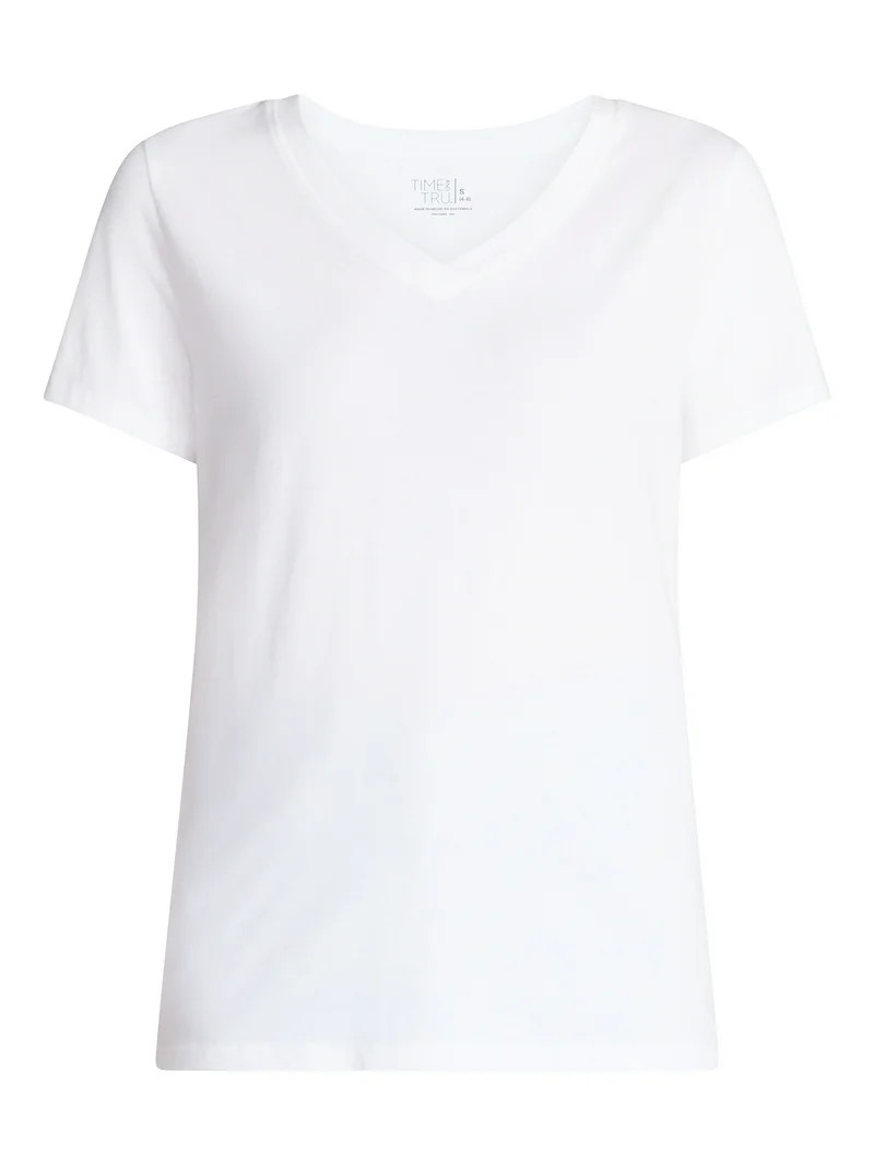 Time and Tru Women's Cotton V-Neck Tee with Short Sleeves, Sizes XS-4X | Walmart (US)