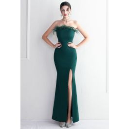 Feather Trim Strapless Slit Gown in Emerald | Chicwish