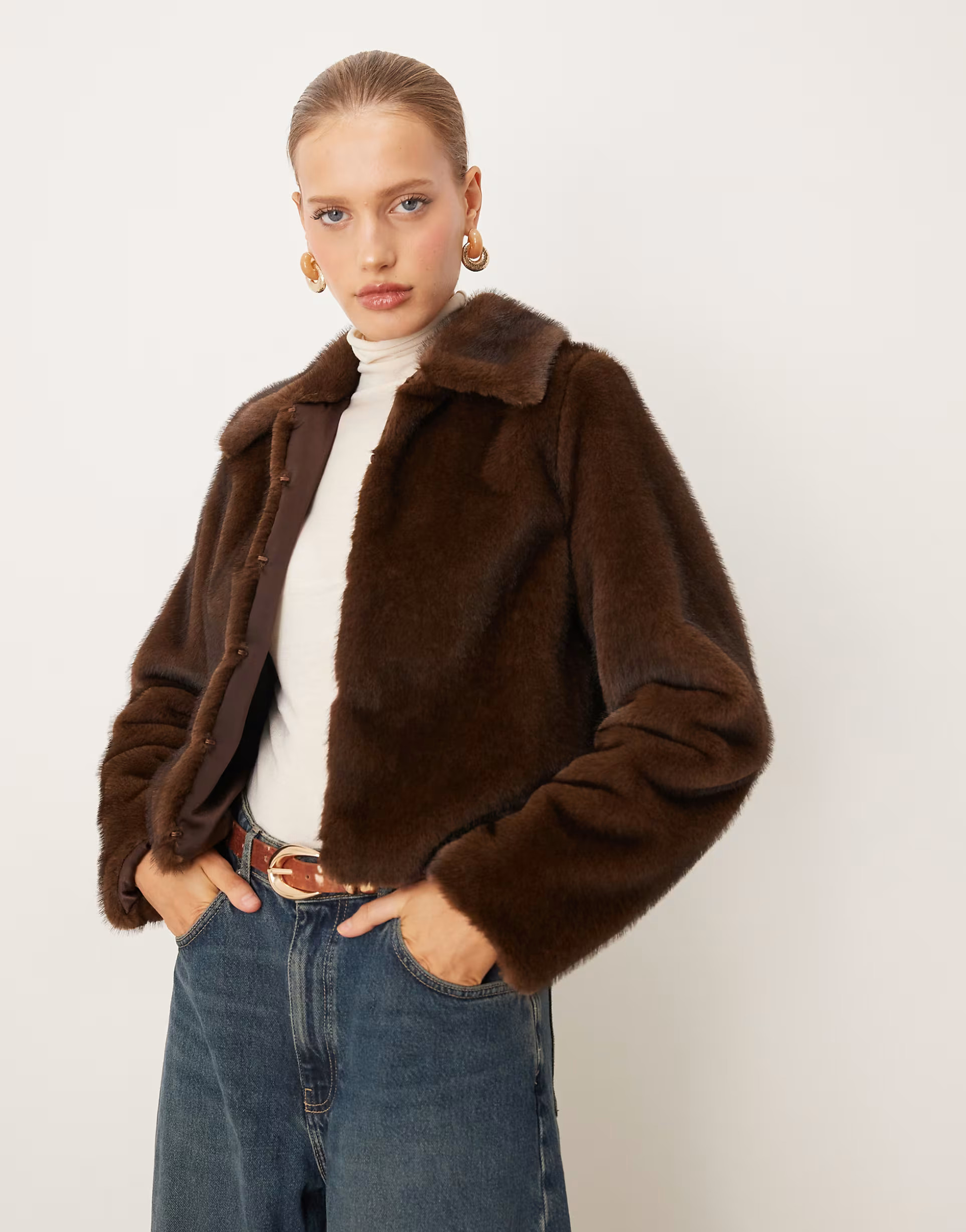 Mango faux fur zip up jacket with collar in brown | ASOS (Global)