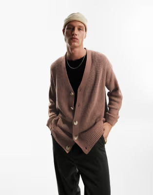 ASOS DESIGN knitted oversized fisherman rib cardigan in taupe | ASOS (Global)
