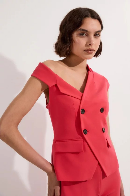 Compact Stretch Asymmetric Collar Wide Leg Tailored Jumpsuit | Karen Millen | Karen Millen UK + IE + DE + NL