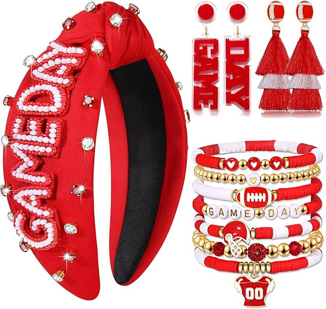 Game Day Headbands for Women Red Spirit Day Accessories Jeweled Football Headband Heishi Bracelet... | Amazon (US)