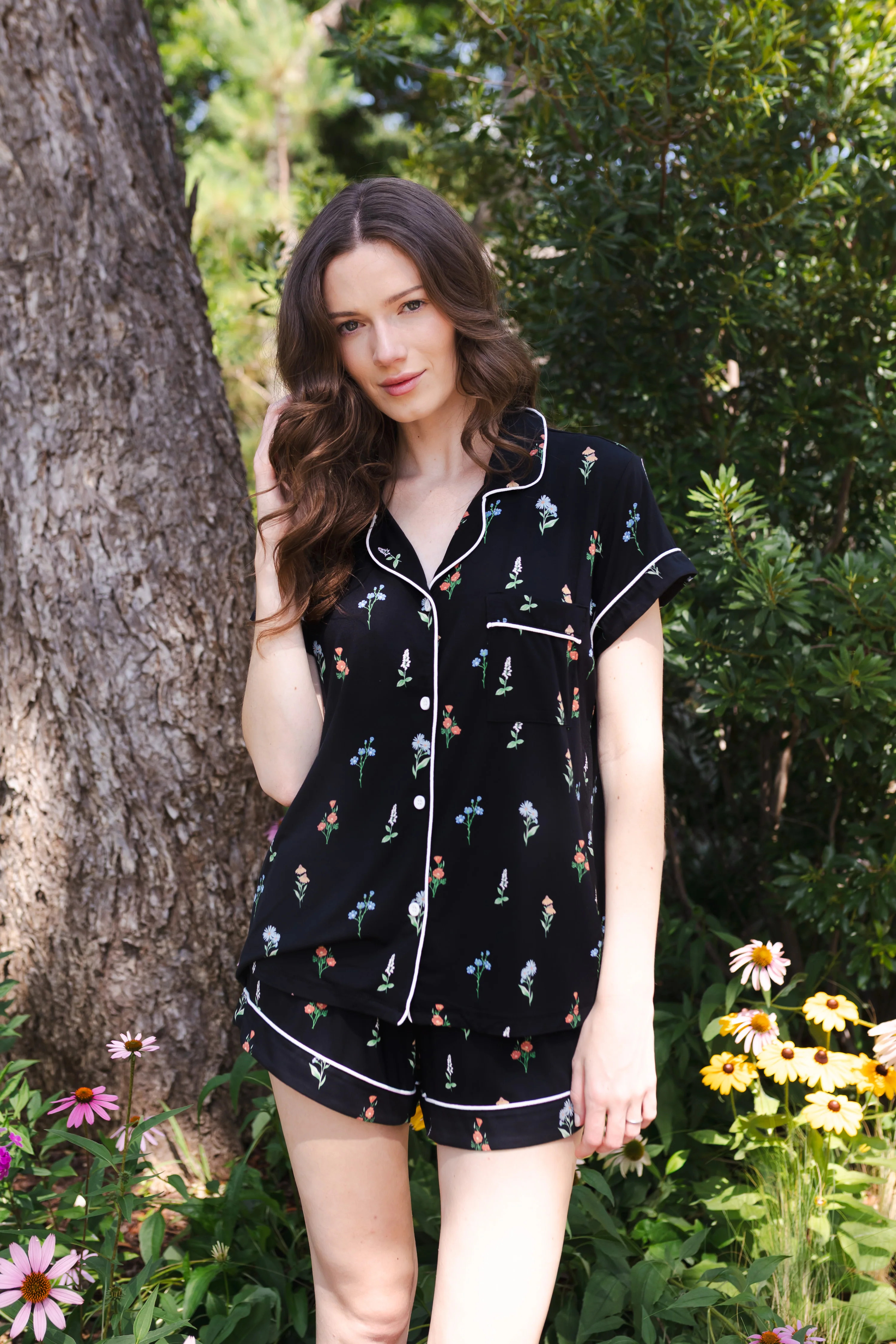 Women's Short Sleeve Pajama Set in Midnight Wildflower | Kyte Living