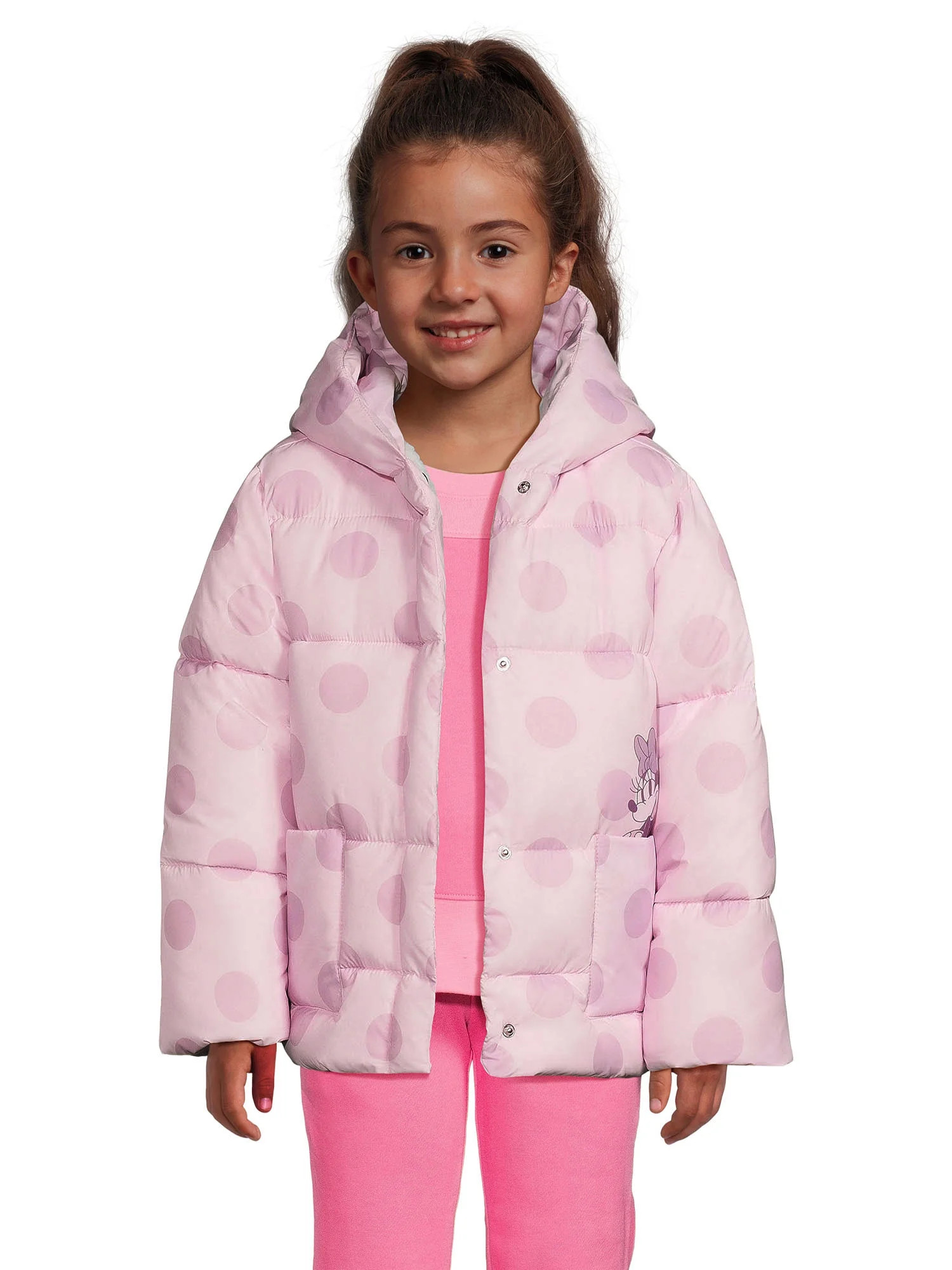Minnie Mouse Girls Hooded Puffer Coat with Patch Pockets, Sizes 4-12 - Walmart.com | Walmart (US)