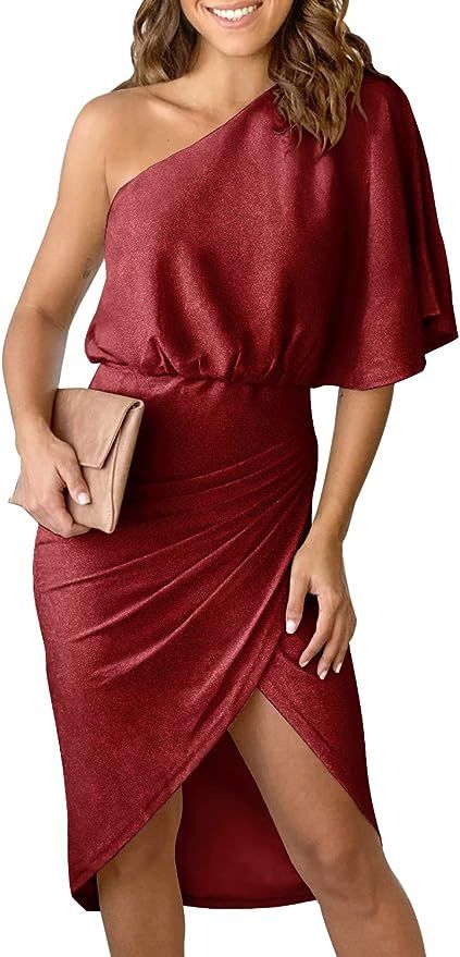 MIHOLL Womens Sexy One Shoulder Dress Glitter Cocktail Party Ruched Bodycon Midi Dress | Amazon (US)