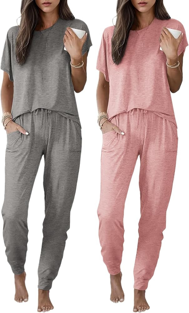 Ekouaer 2 pack Pajama Sets for Womens Jogger Pants Pjs Short Sleeves Lounge Set Soft Sleepwear wi... | Amazon (US)