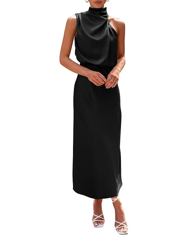 PRETTYGARDEN Women's 2025 Summer Satin Dress Elegant Sleeveless Mock Neck Cocktail Party Maxi Dre... | Amazon (US)