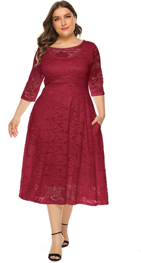 Damen Elegant 3/4 Ärmel Spitzenkleid Hochzeit Festlich Coctailkleid Abendkleid Große Größen | Amazon (DE)