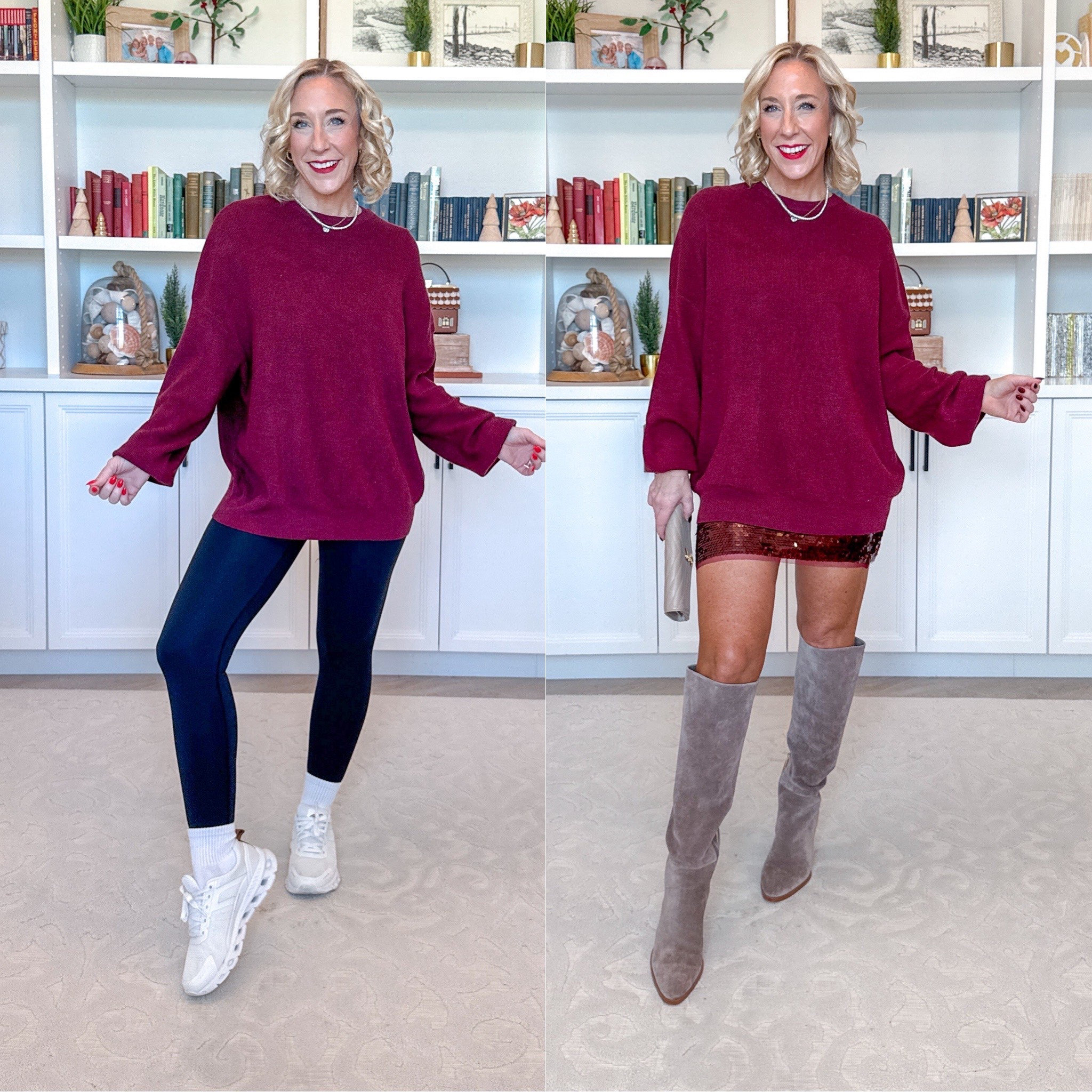 One sweater - two very different looks. 
• sweater - size small. 
• leggings - size small. 
• sneakers - tts. 
• sequin skort - size XS. 
• boots - old but linked other options  

#LTKFindsUnder50 #LTKHoliday #LTKSeasonal