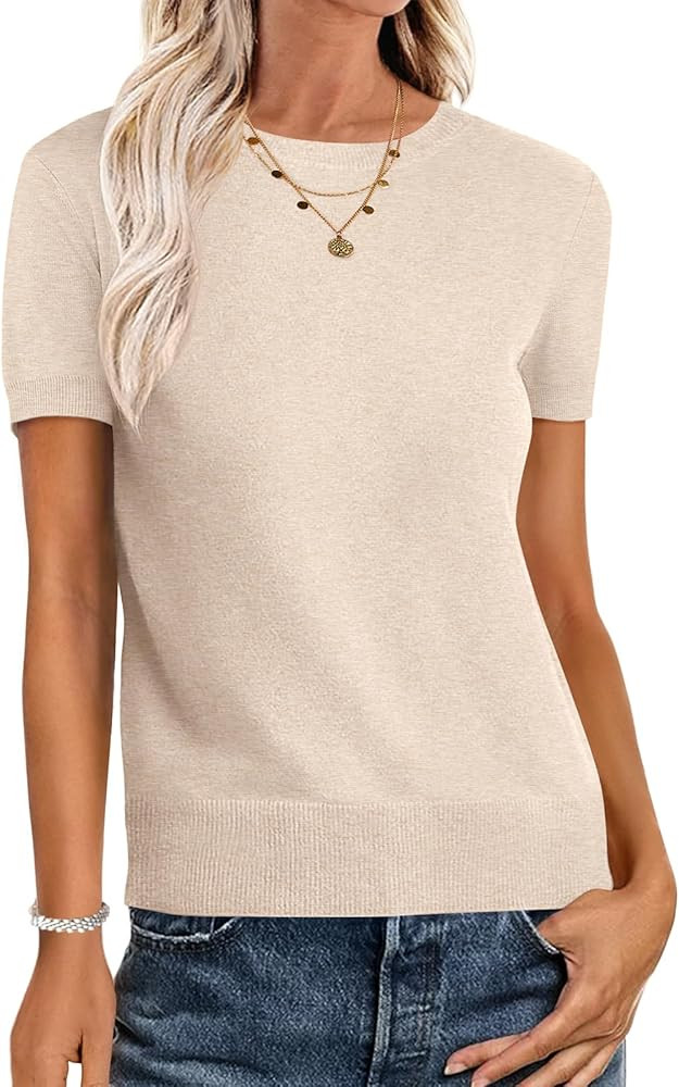 ANRABESS Womens Short Sleeve Sweaters Wool Blend Crew Neck Sweater Shirts Business Casual Work To... | Amazon (US)
