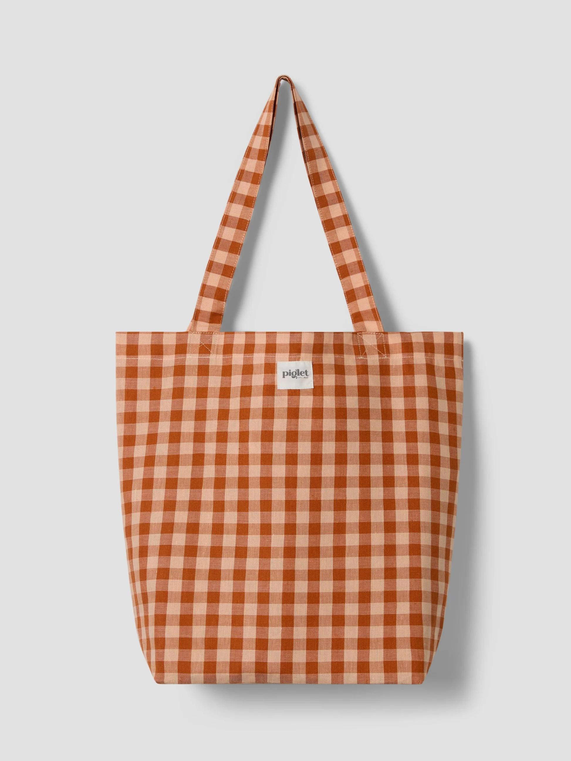 Cinnamon/Peach Colour Drenched Gingham Linen Blend Tote Bag | Piglet
