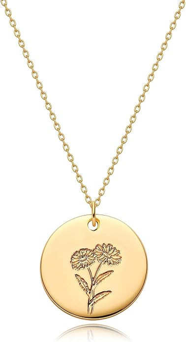 MYEARS Women Birth Flower Necklace Gold Coin Engraved Disc 12 Month Flower Bouquet Pendant 14K Go... | Amazon (US)