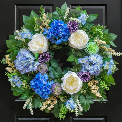 Pinkpuii 26 Inch Spring Wreaths for Front Door Outside– Large Artificial Summer Wreath with Blue Hydrangea, White Peony Flowers and Eucalyptus Leaves– Indoor Outdoor Porch Farmhouse Home Wall Décor | Amazon (US)
