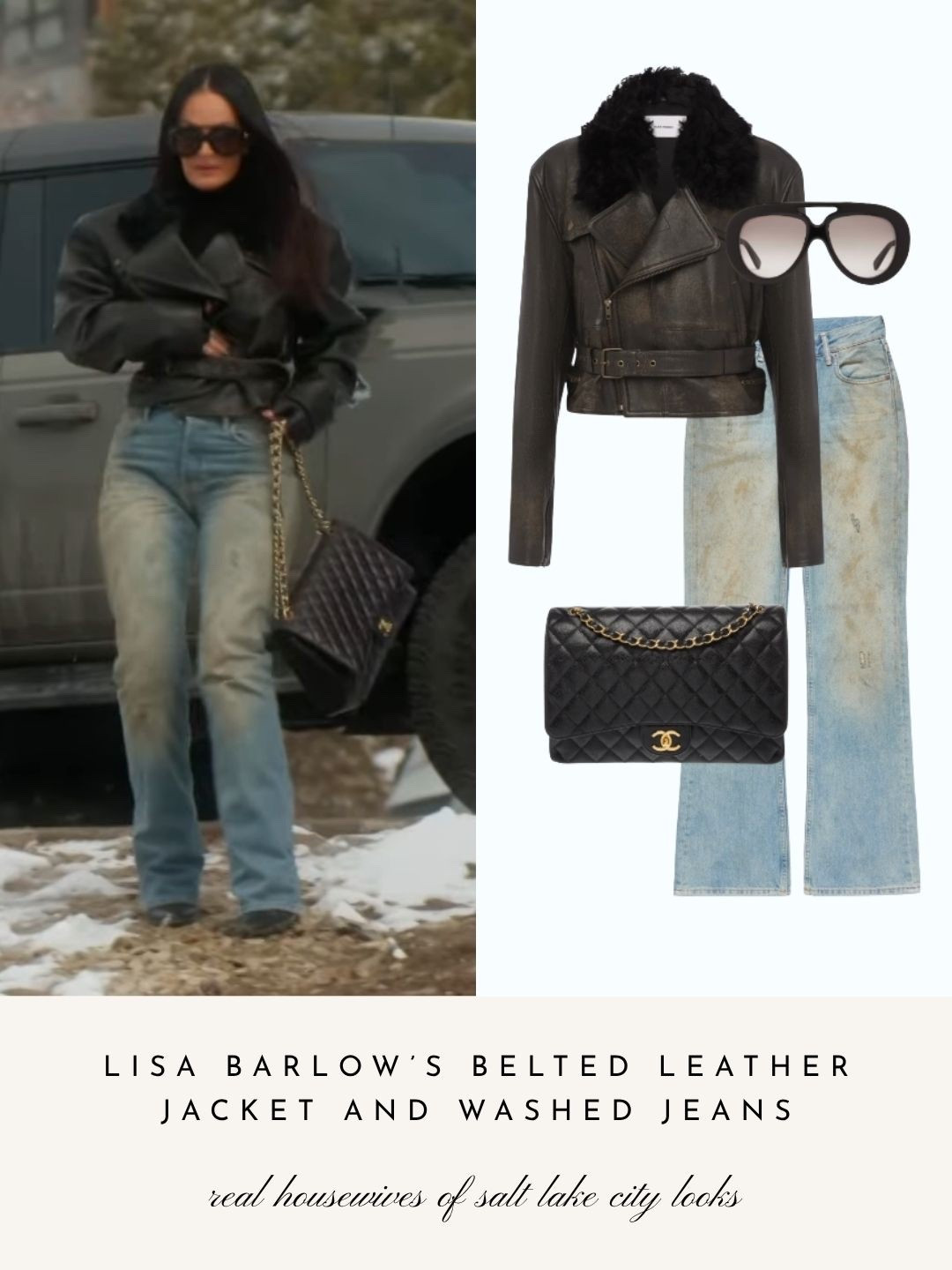 Lisa Barlow’s Belted Leather Jacket and Washed Jeans