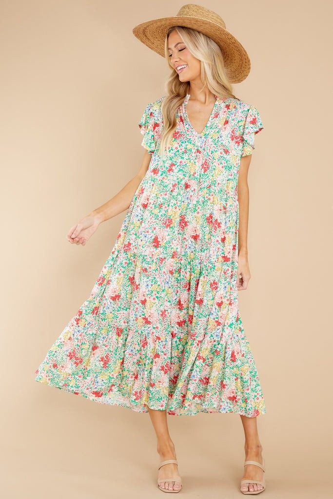 Life Begins Green Floral Print Midi Dress | Red Dress 