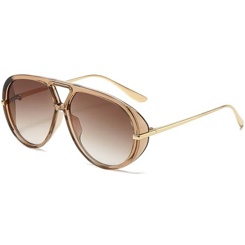 AIEYEZO Oversized Aviator Sunglasses Women Men Fashion Retro Big Frame Sun Glasses Designer Ladies Shades (Clear Brown/Brown Gradient) | Amazon (US)