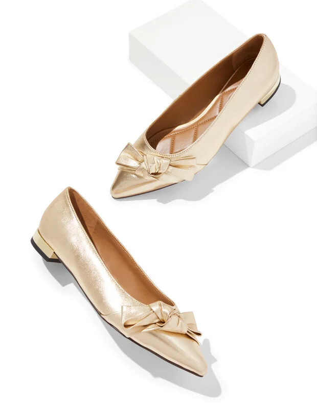 Portia Bow Metallic Leather Flats | Talbots