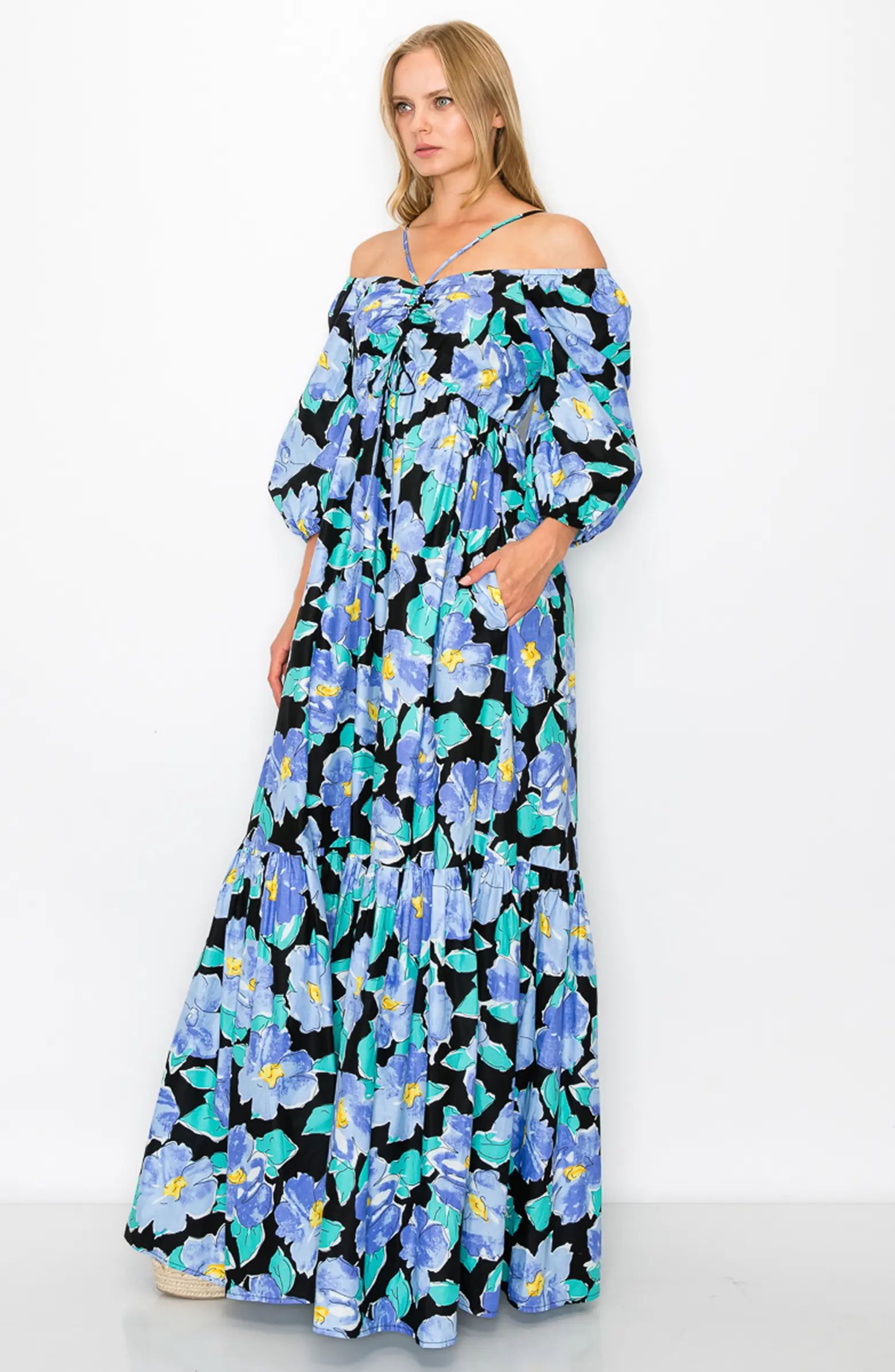 MELLODAY Floral Cold Shoulder Puff Sleeve Maxi Dress | Nordstromrack | Nordstrom Rack