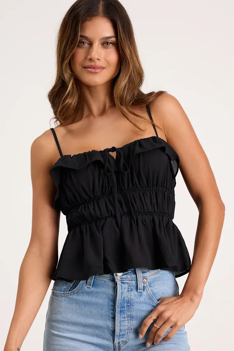 Nicolet Black Tie-Front Peplum Cami Top | Lulus