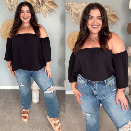 Casual Summer outfit inspo for date night or girls night out ❤️‍🔥 Off the shoulder black top, comes in more colors and under $30. Wearing a size XXL. Jeans size 14 plus 

#LTKPlusSize #LTKMidsize #LTKStyleTip