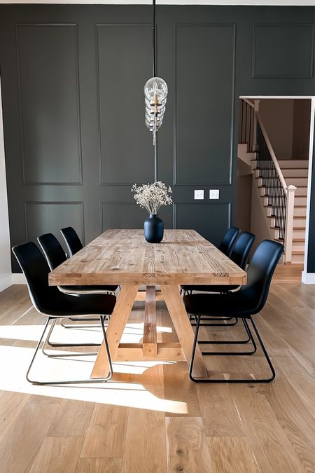This black accent wall in my dining room turned out perfect with our black leather chairs and white oak natural dining table. I am loving every step of designing and decorating our home! 
.
.
Home decor, modern organic, organic modern, transitional, industrial, dining room, table and chairs
.
#diningroom #dining #diningroomdecor #diningtable #diningroomdesign #diningtabledecor #diningchairs #diningchair #diningroominspo #diningroomideas #diningroomgoals #accentwall #swironore #sherwinwilliams #sherwinwilliamsironore #blackwall #black #blackaccentwall #minimalisthome #minimalistdesign #minimalistdecor #potterybarn #potterybarnstyle #potterybarntable #potterybarnlighting #targethome #targethomestyle