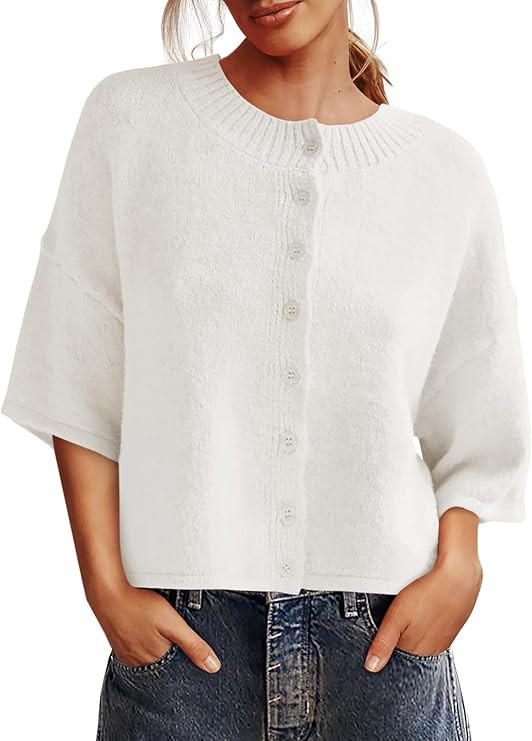 Saodimallsu Womens 3/4 Sleeve Cardigan Sweater Button Down Cropped Crewneck Cardigan 2025 Fall Ca... | Amazon (US)
