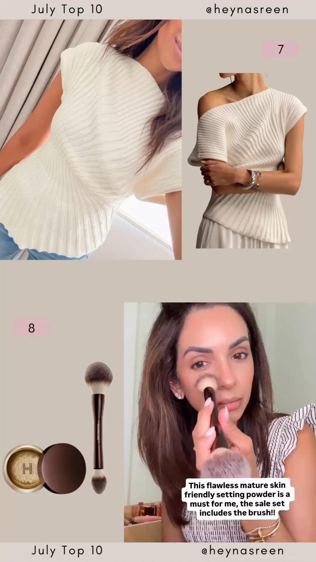 July Top 10:
#7: Anthropologie knit top, I’m wearing a size XXS for reference 
#8: Hourglass powder & brush set, love this powder for mature skin!