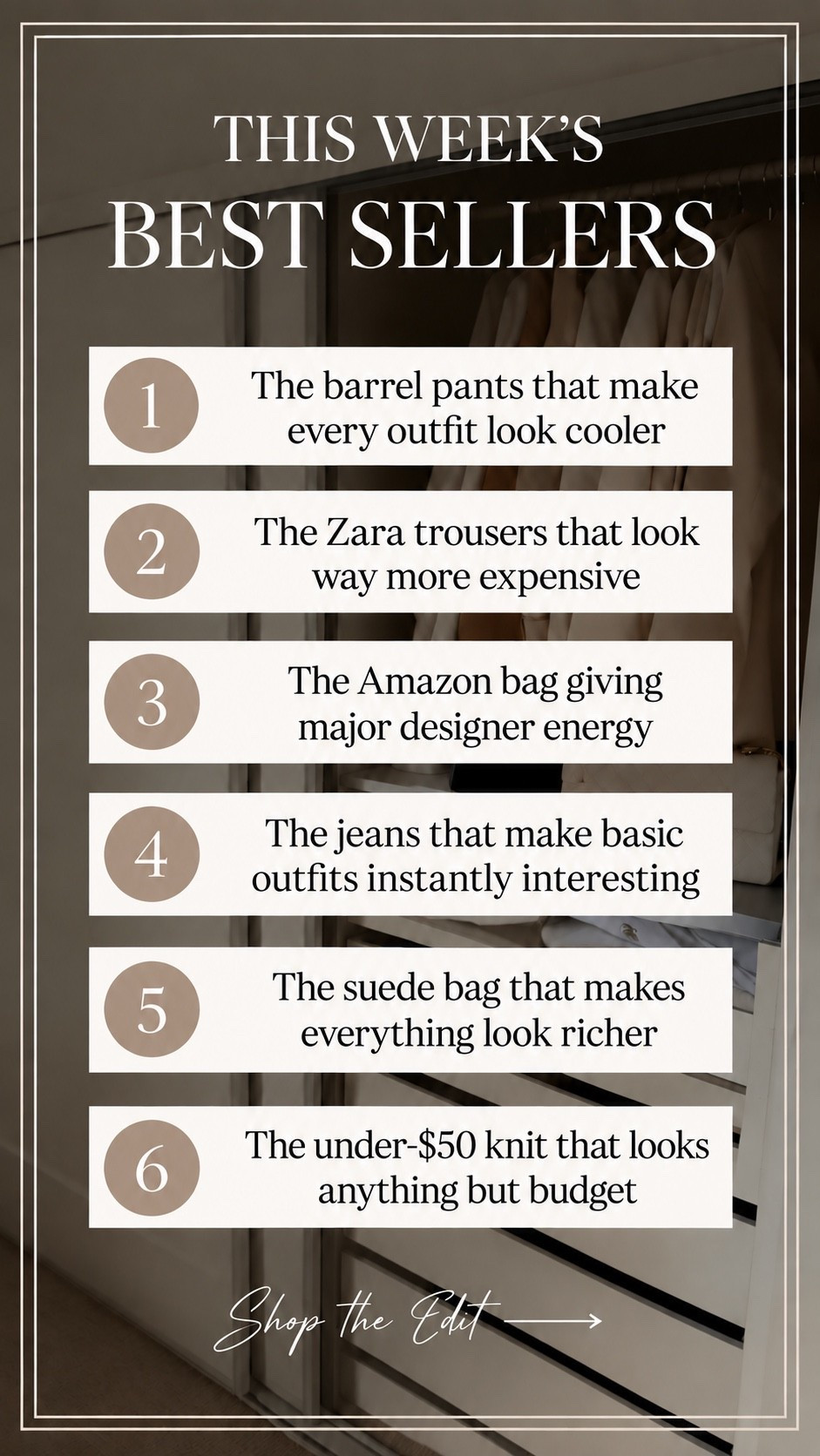 THIS WEEK’S BEST SELLERS 09/26/26 🤎 These are the pieces you loved and shopped the most—from Zara barrel pants and elevated trousers to balloon jeans, an under-$50 knit, the DeMellier brown suede New York tote, and an Amazon bag with that luxe designer-inspired look.

Easy, wearable pieces that make everyday outfits feel instantly more polished. Save this post for your next outfit!

Bra 32C (81 cm) | Waist 26” (66 cm) | Hips 38” (96.5 cm) | Height 5’7” (170 cm)

#LTKStyleTip #ZaraStyle #FallStyle #BestSellers

#ZaraFinds #FallFashion #LTKFashion #FallOutfits
