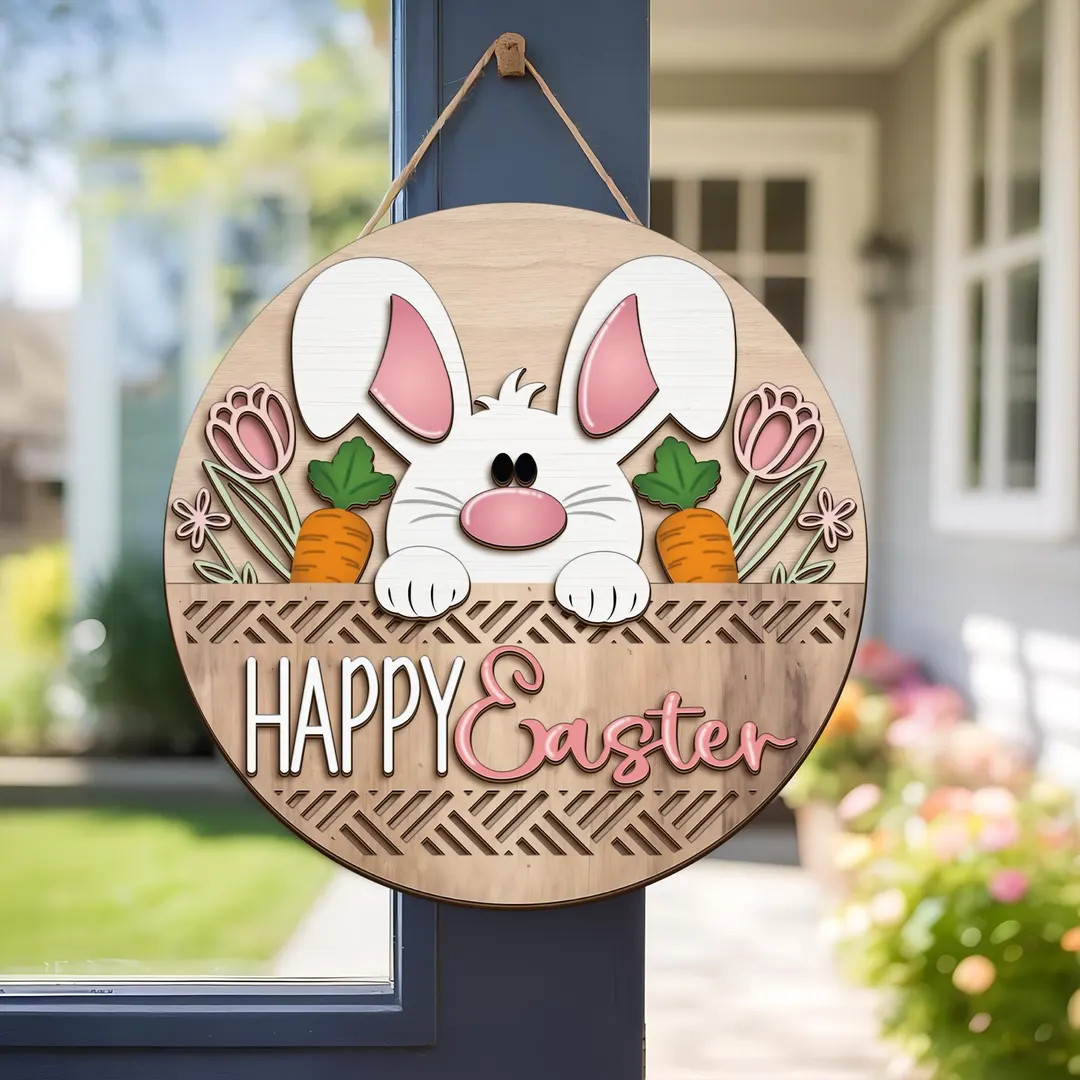 Adorable Happy Easter wooden door sign featuring bunny face, carrots and spring flowers, perfect ... | Etsy (US)
