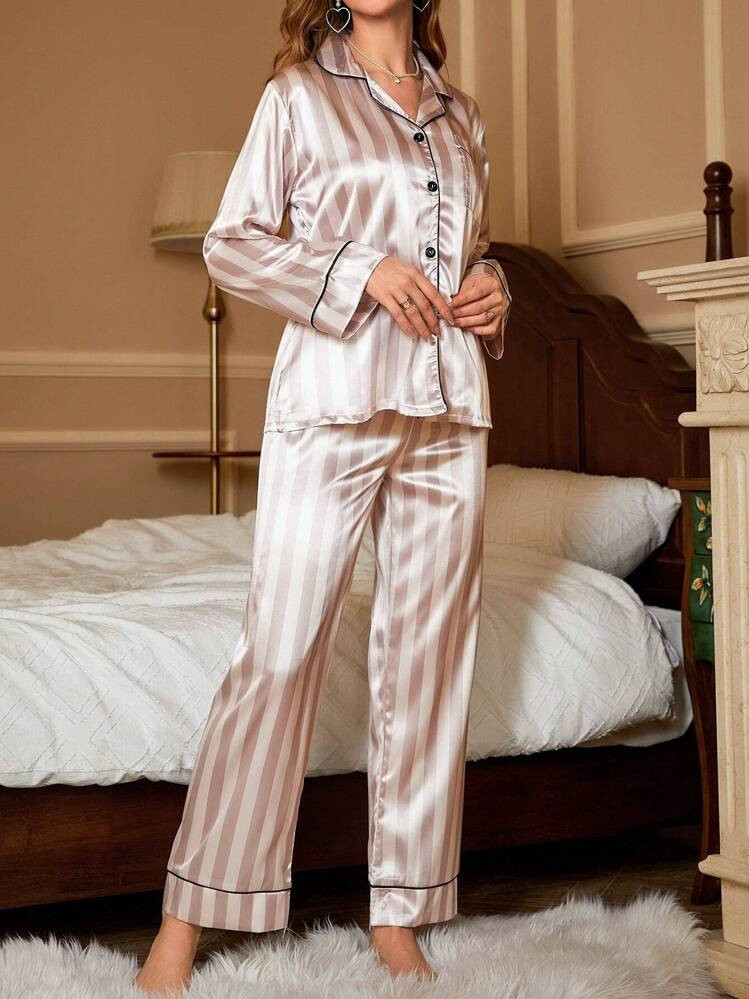 LuxeNights Striped Print Contrast Piping Satin PJ Set / Pajama Set, Fall Clothes Cozy And Elegant Details, Winter | SHEIN