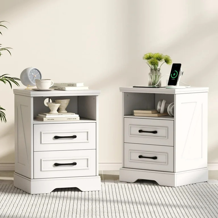 Nightstand Set of 2 with Charging Station, Farmhouse End Table with 2 Drawers Storage Side Table ... | Walmart (US)