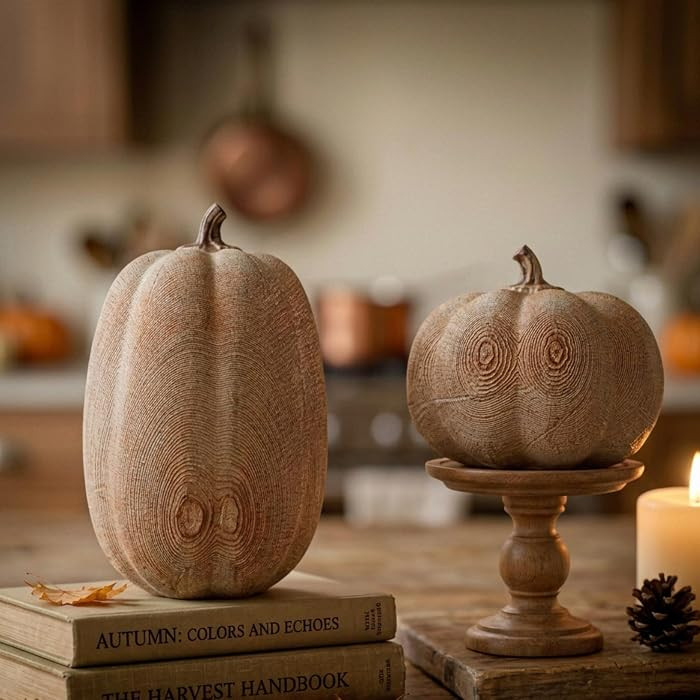 Pumpkin Decor, 2Pcs Faux Wood Grain Resin Pumpkins for Fall Decor | Amazon (US)