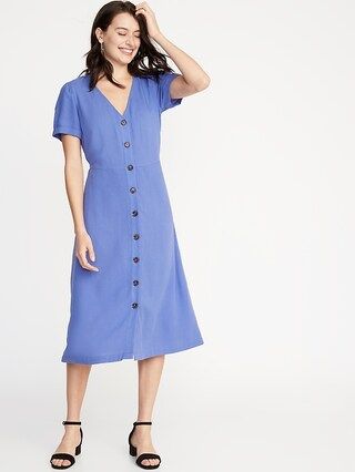 Waist-Defined V-Neck Button-Front Midi for Women | Old Navy US