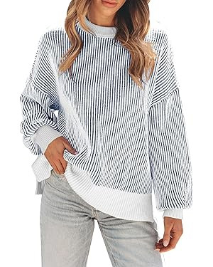 Womens Sweaters Fall 2026 Clothes Oversized Long Sleeve Colorblock Striped Knit Pullover Tops Cas... | Amazon (US)