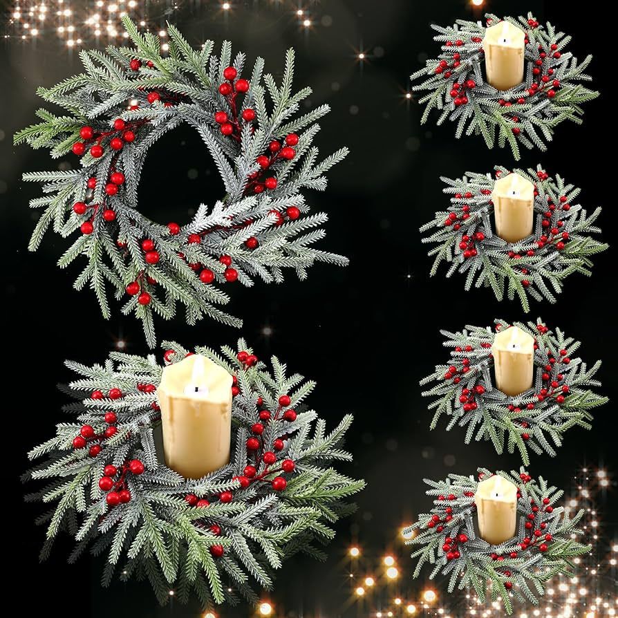 Giegxin 8 Pcs Christmas Candle Rings Wreaths Artificial Norfolk Pine Rings Wreaths Red Berry Pill... | Amazon (US)