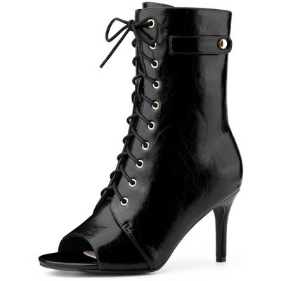 BLISSFUL STEP Women's Lace Up Peep Toe Stiletto Heel Ankle Booties 7 Black | Target