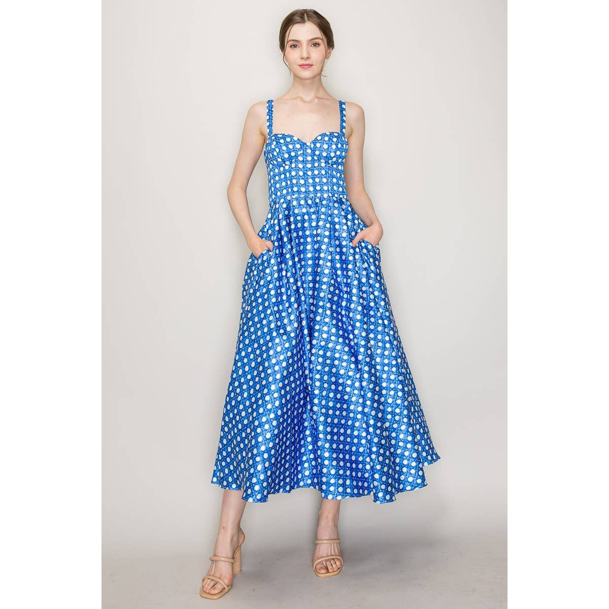 Satin Trellis Print Bustier Flared Midi Dress BLUE/WHITE / L | Refinery