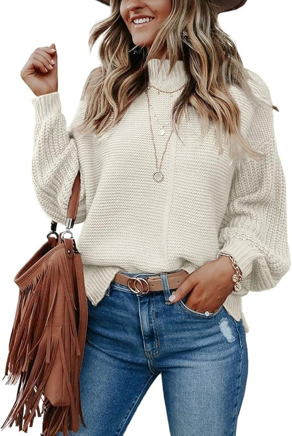 Imily Bela Womens Mock Neck Fall Sweaters Trendy Balloon Sleeve Slouchy Knit Pullover Jumper | Amazon (US)