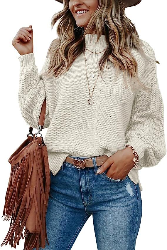Imily Bela Womens Mock Neck Fall Sweaters Trendy Balloon Sleeve Slouchy Knit Pullover Jumper | Amazon (US)