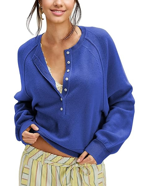 Women's Half Button Down Pullover Knit Sweater Casual Henley Long Sleeve Tunic Tops Loose Fit Tre... | Amazon (US)