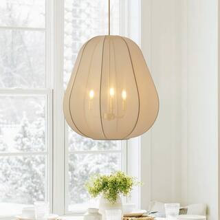 Modern Farmhouse 19.68 in. 3-Light Gold Chandelier Classical Lantern Hanging Light Fixture with Fabric Shade | The Home Depot