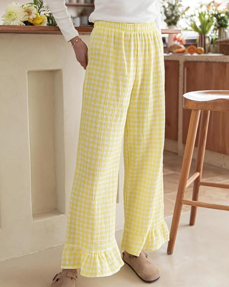 codcm Womens Gingham Pants Wide Leg Lounge Pants Y2k Plaid Print Ruffle Hem Loose Trouser | Amazon (US)