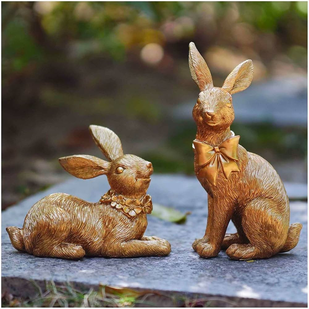 2Pcs Vintage Gold Easter Bunny Decor - Hand Painted Mini Resin Rabbit Figurines, Elegant Easter D... | Amazon (US)