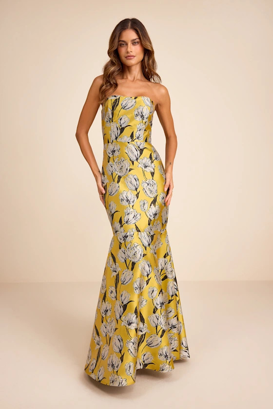 Gowning Around Yellow Floral Jacquard Strapless Maxi Dress | Lulus